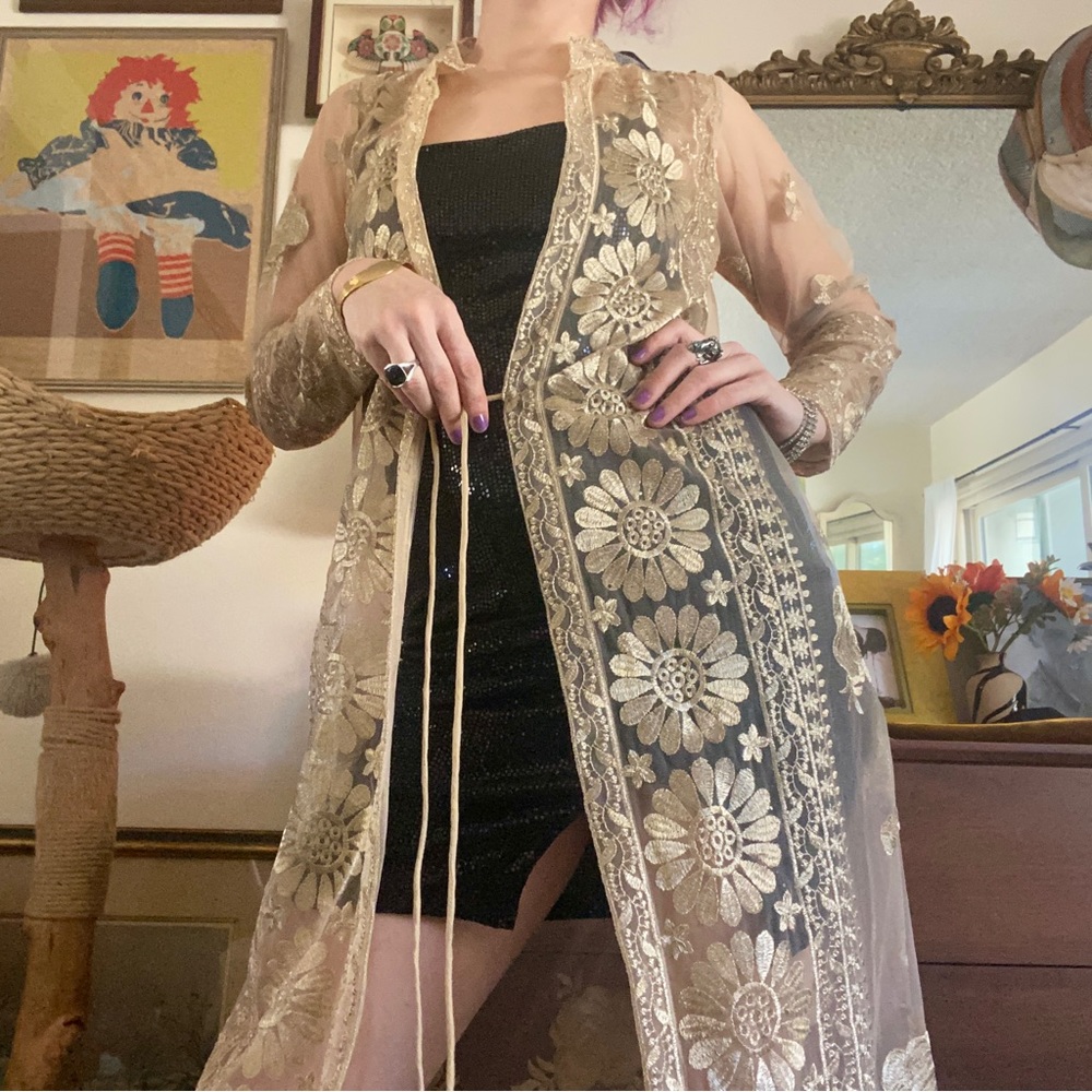 very fine hand sewn french gold rose lace robe / size extra small